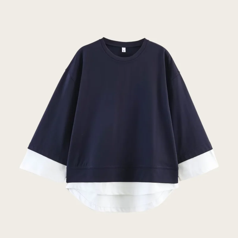 2026 Neuerscheinung Damen Faux-Zweiteiler Langarm-Sweatshirt mit Farbblock-Manschetten Elegant Lässig und Vielseitig – Detail 4