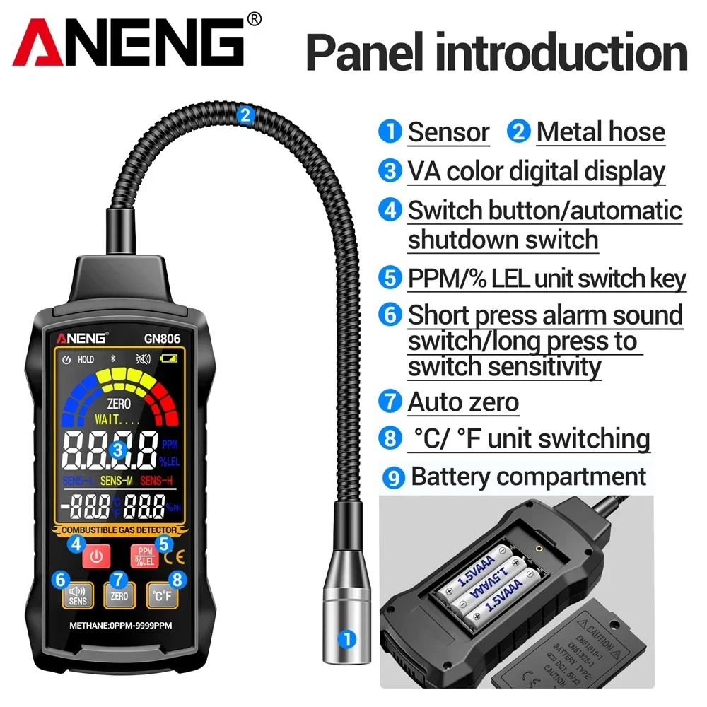 Gas Leak Detector Analyzer ANENG GN806 Methane Flammable 9999PPM 20% LEL Combustible Natural Tester LCD Screen Sound Light Alarm