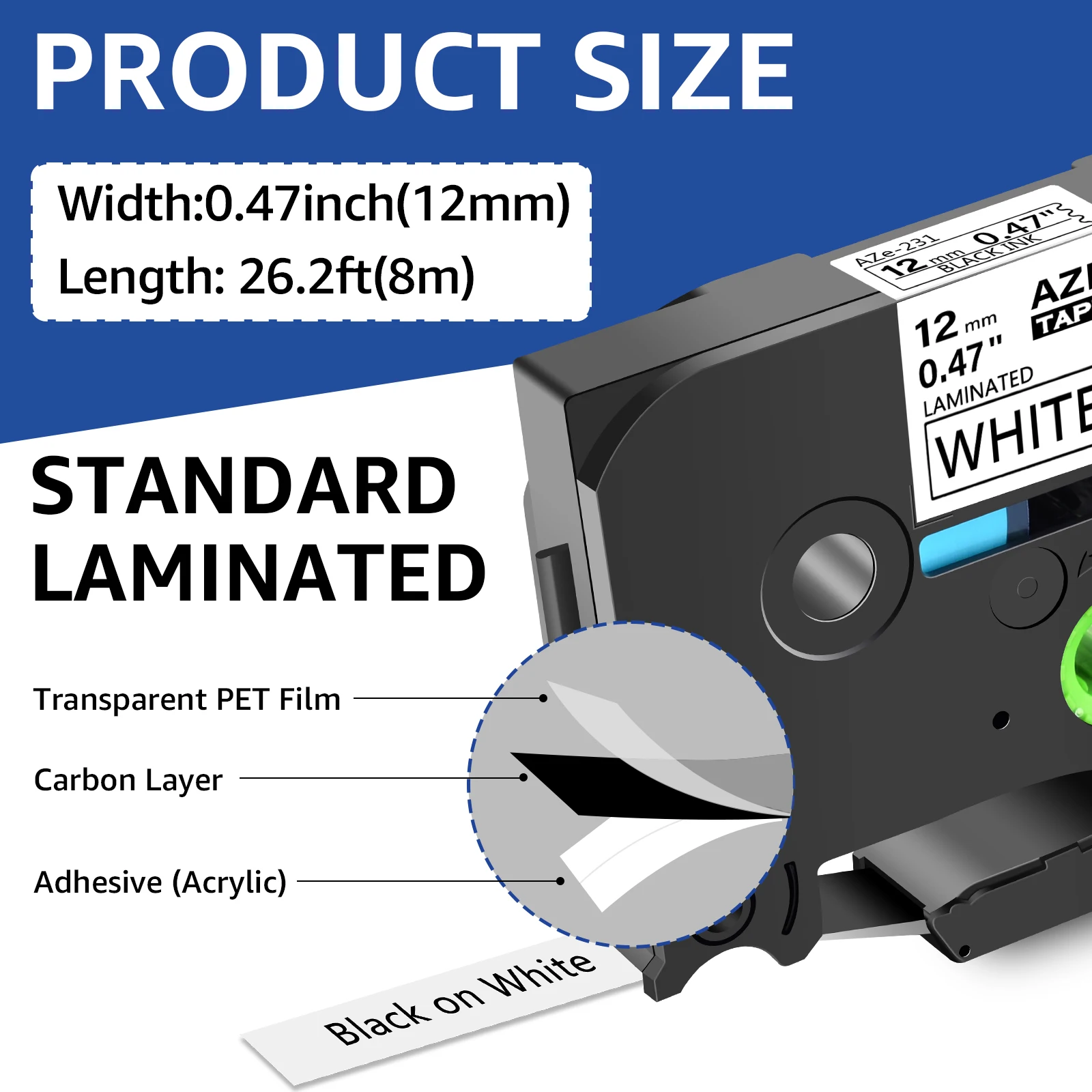 5PK Standard Laminated Label Tape Compatible Brother 6/9/12/18/24mm Black On White Cassette For P-Touch PT-1000 PT-H101C