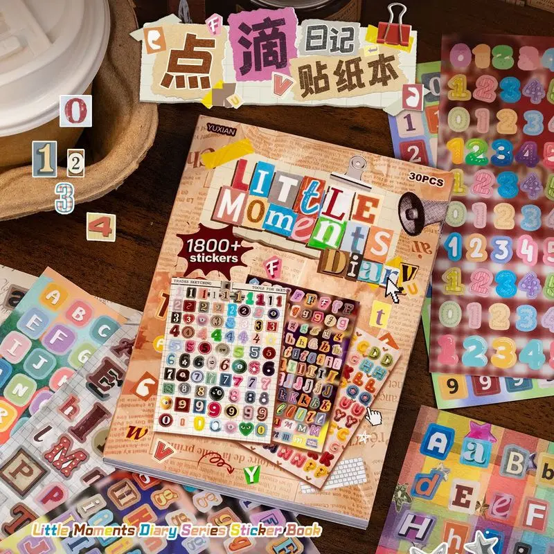 30Pcs Retro Collage Alphabet Number Coated Paper Sticker Sheets, Little Moments Diary Pattern Stickers for Journal Decoration