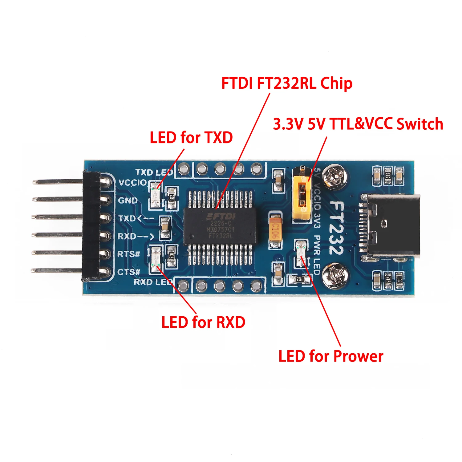 USB Type C Female  to TTL Serial Converter  3.3V 5V FTDI Board Mudel Cable 6 Pins 6P Uart Aadpter