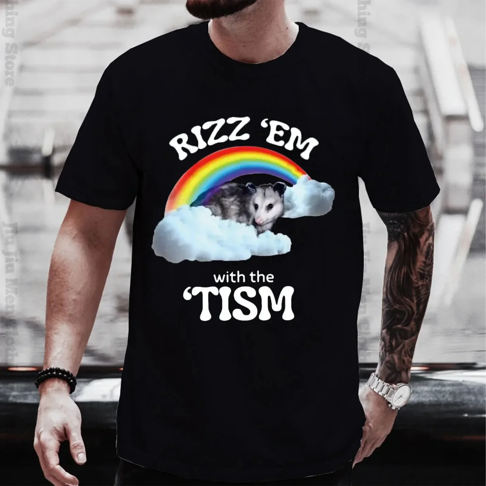 

Rizz Em With The Tism T Shirt Autism Funny Opossum Meme Autist Gift Tshirts 100% Cotton Unisex Casl O-neck T-shirt Oversized