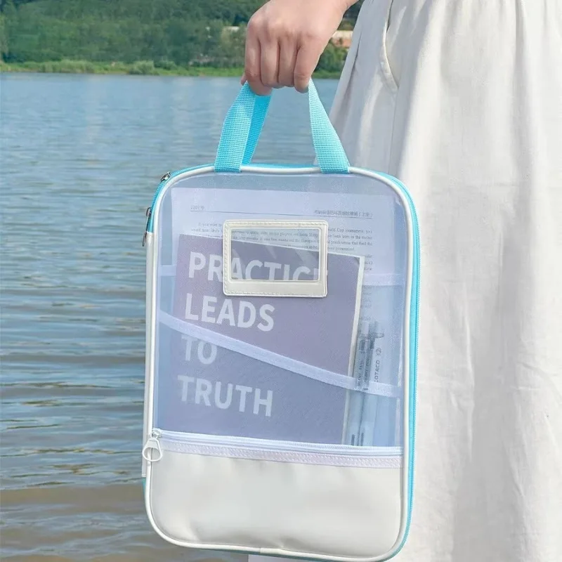 L-Shaped Mesh File Organizer Bag with Zipper Multi-Subject Classification Document Holder Transparent Exam Paper Storage Bag