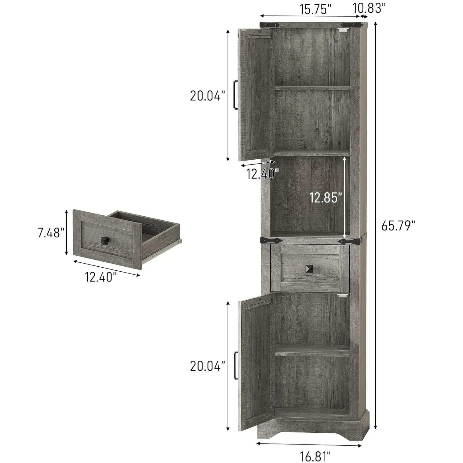 

66" Farmhouse Storage Cabinet Barn Door Drawer Adjustable 5-Tier Grey Customized