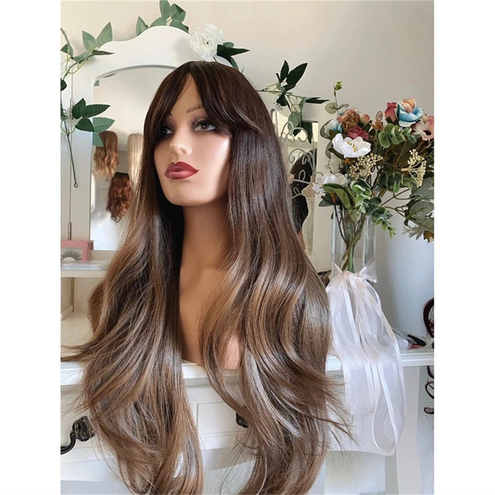 Wig Cosplay renda depan rambut palsu gelombang longgar coklat Ombre dengan Wig depan renda poni untuk wanita Wig depan renda sintetis