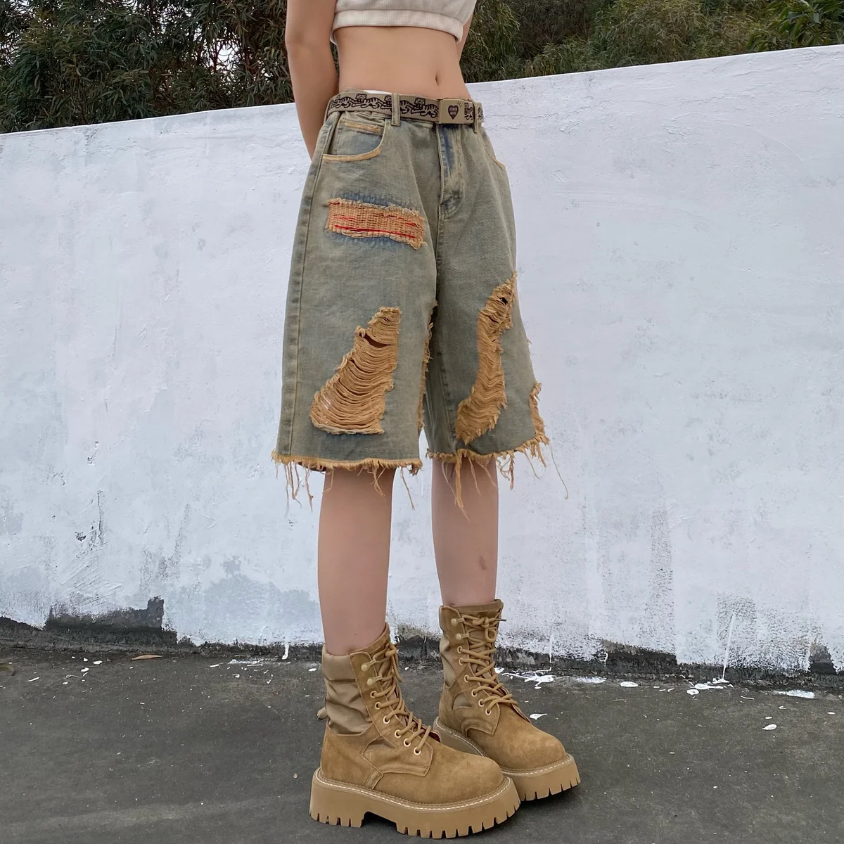 AAA+ 2024 Summer Women's Casual Ripped Harajuku Jeans Vintage Aesthetic Loose Washed Shorts Y2K TasselsPunk Baggy Denim Shorts