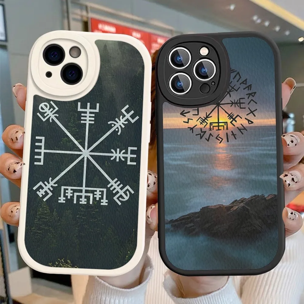 

V-Viking Vegvisir Logo Phone Case Hard Leather For IPhone 14 13 12 Mini 11 14 Pro Max Xs X Xr 7 8 Plus Fundas