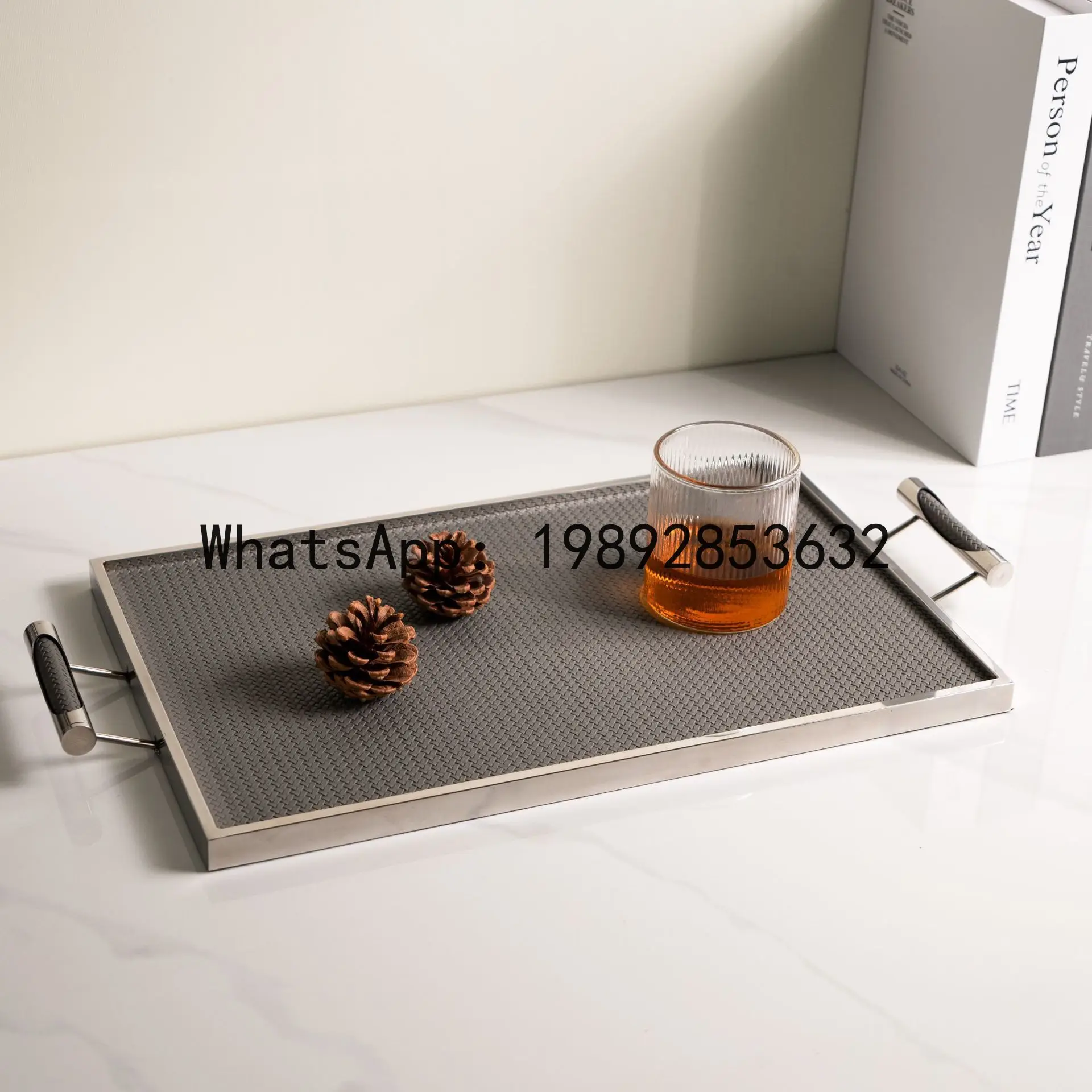 

PYJ light luxury minimalist rectangular metal handle tray model room sales office hotel woven leather storage tray