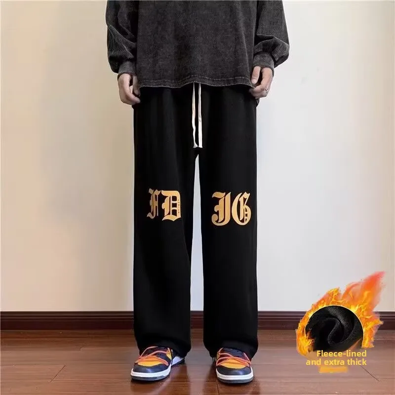 

American Sle Dstring Fce Lined Sports Men's Pants High Street Trendy Brand Embroidery Design Casual Wide Leg Trousers