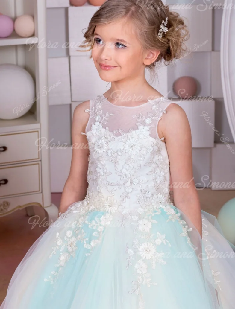 カスタマイズされた結婚式の誕生日白青チュールフラワーガールドレスフローリーパターン用ノースリーブパーティー初聖体ドレス用