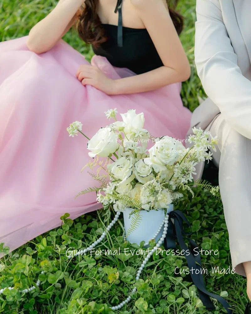 Giyu-Vestidos de Noche coreanos simples, línea A, sesión de fotos, boda sin tirantes, rosa y negro, vestidos de graduación, jardín, vestido de fiesta Formal