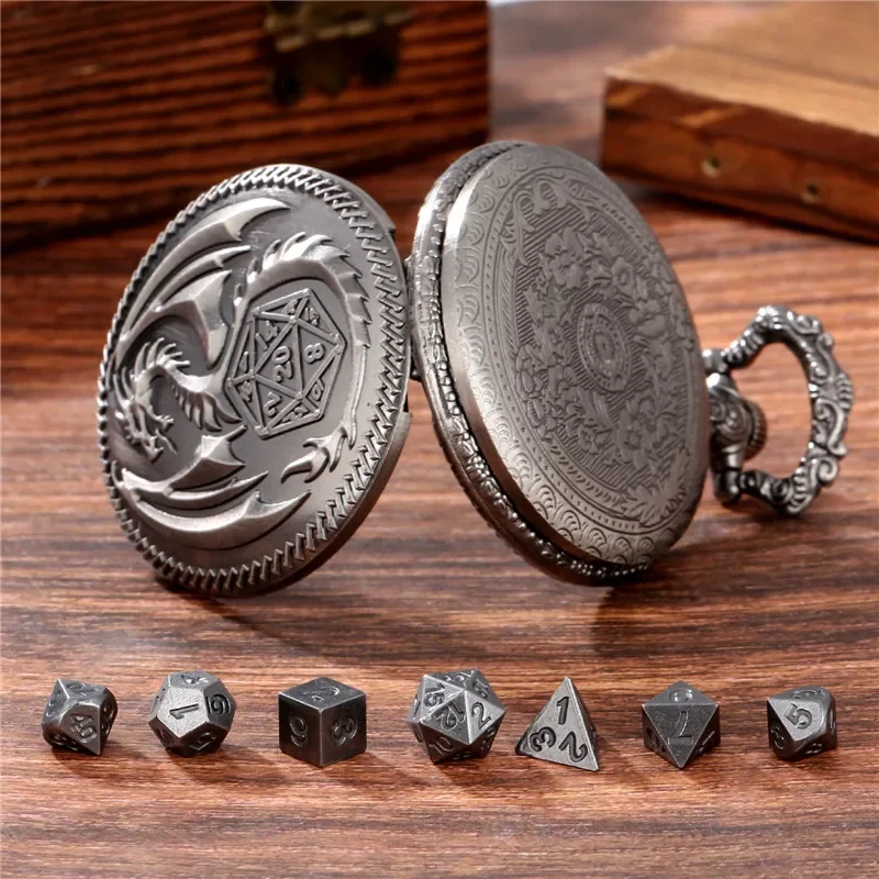 Vintage 7 X Metal Polyhedral Dice with Bronze Dragon Pocket Watch Case Entertainment Role Play Game Dices Pendant Chain