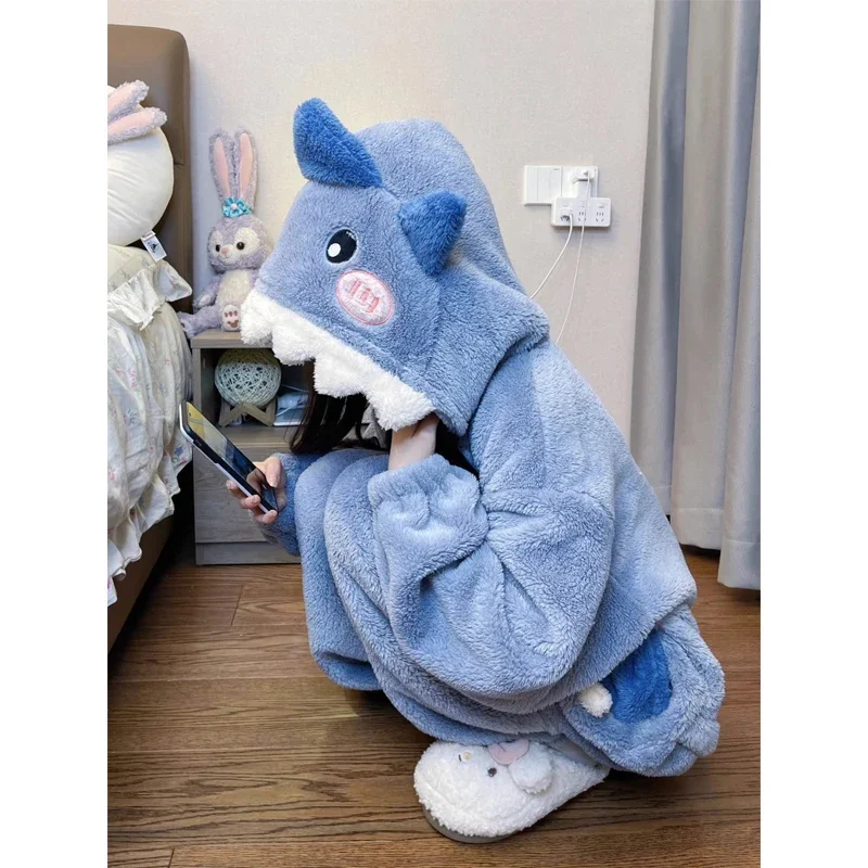 Cute Cartoon Shark Hooded Sleepwear para mulheres, pijama feminino, macacão, festa de Natal Loungewear