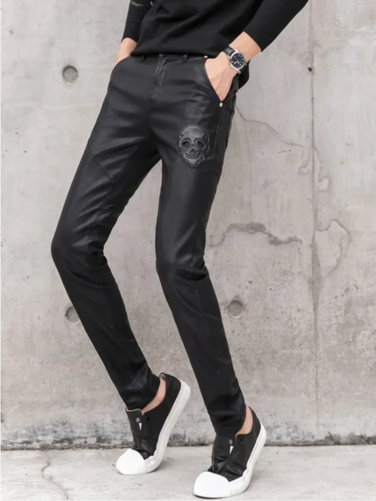 2025 New Men Black Faux Leather Pants Fashion Skull Patchwork Mens Skinny Leather Pant High Quality Slim Fit Pencil Pants 28-36