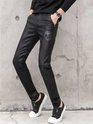 2025 New Men Black Faux Leather Pants Fashion Skull Patchwork Mens Skinny Leather Pant High Quality Slim Fit Pencil Pants  28-36