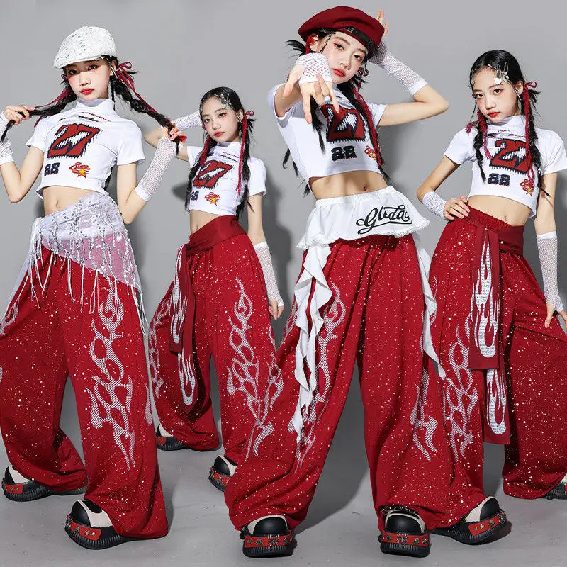 

Children Jazz Dance Costume Girl Kpop Stage Outfit White Crop Top Red Glitter Pants Hip Hop Street Dance Show Clothing AMY3631
