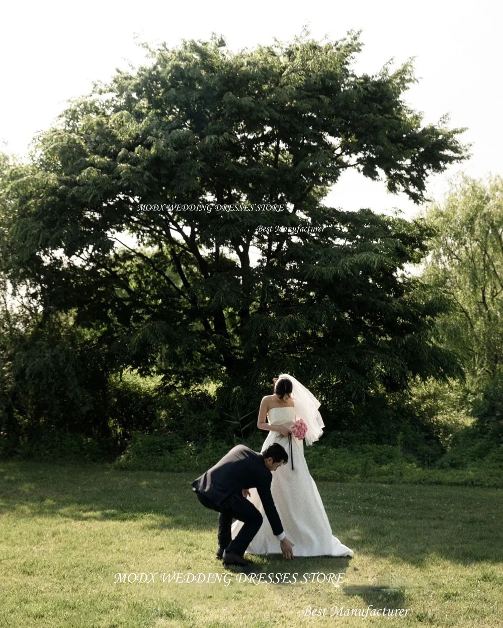Vestido de novia MODX 2025, sesión de fotos, vestido de novia de satén sin tirantes, largo hasta el suelo, corsé trasero sin mangas, velo hecho a medida gratis
