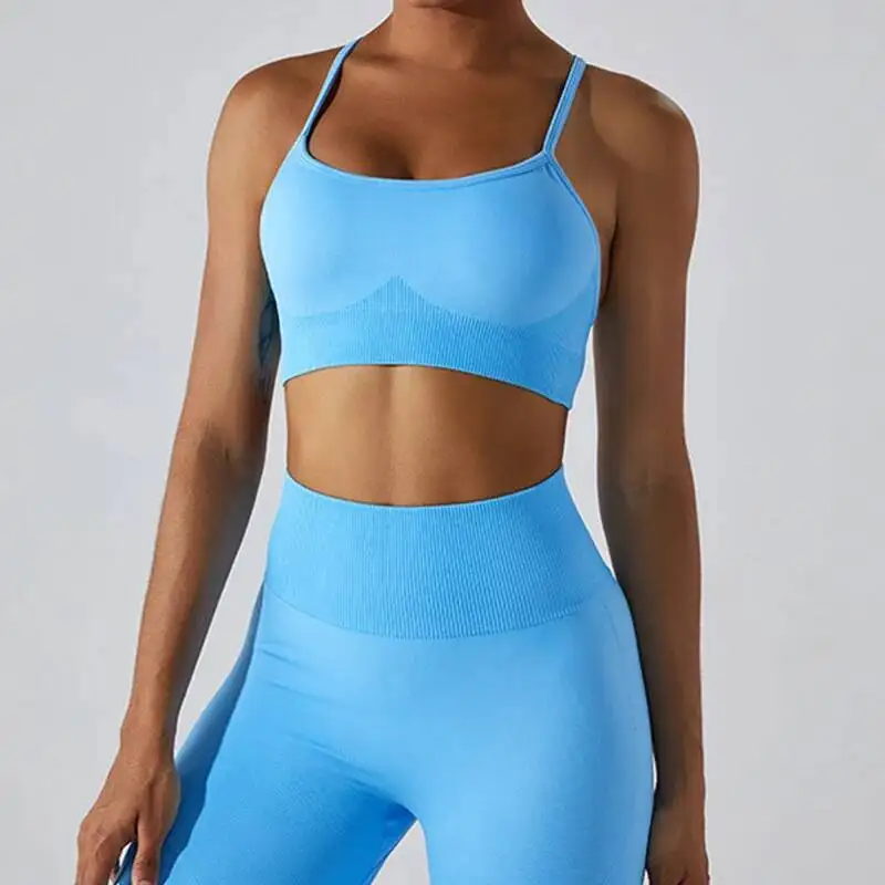 

New Seamless Cross Crop Fiess Push Up Gym Quick Drying Running Yoga Clothing Shockproof Workout Top Women