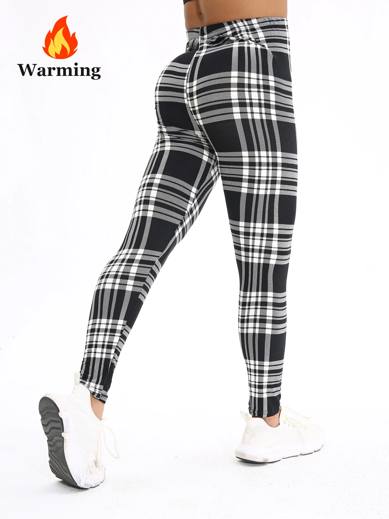 Autumn Winter 1PACK Women's Black and White Checkered Thick Velvet Sexy Tight Legging Casual Sports Elegant Fitness Yoga Pants
