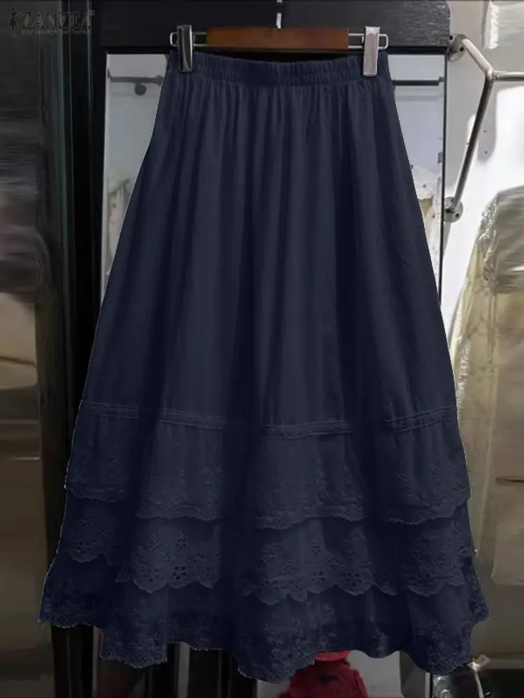 ZANZEA تنانير طويلة من الدانتيل للنساء بخصر مطاطي أنيق للحفلات قيعان ماكسي غير رسمية فضفاضة كبيرة الحجم مكشكشة للعطلات Jupes Faldas Saia
