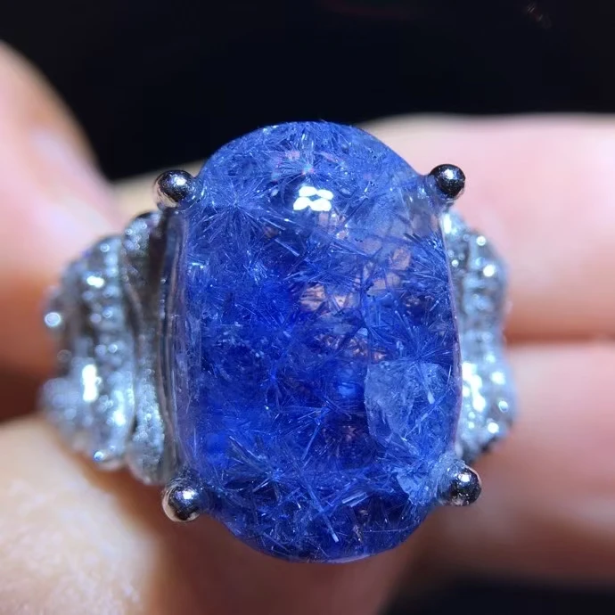 

Natural Blue Rutilated Dumortierite Quartz Adjustable Ring 15.5/10.6mm Oval Woman Men Ring Jewelry AAAAAAA