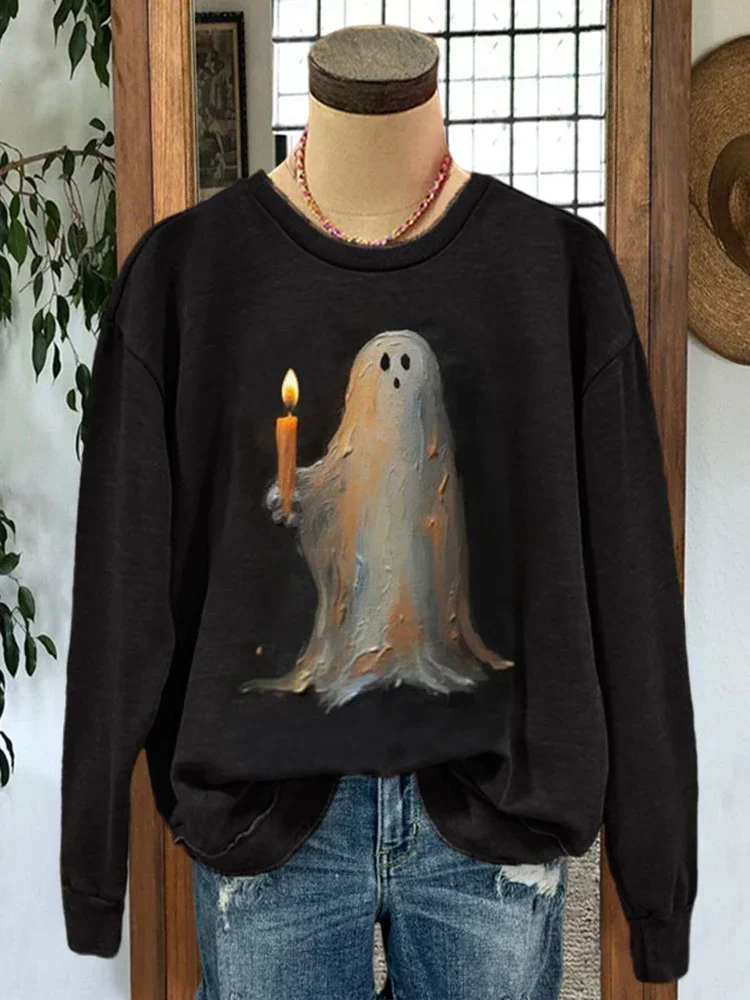 

Halloween Ghost Painting Candle Print Sweatshirt Woman Casual Long Sleeve Crew Neck Pullover