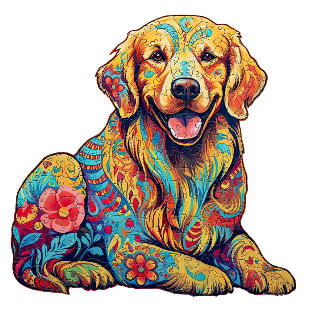 明るくフレンドリーな犬の顔にカラフルな花柄と芸術的な装飾が描かれた、陽気なゴールデンレトリバー犬のアート作品