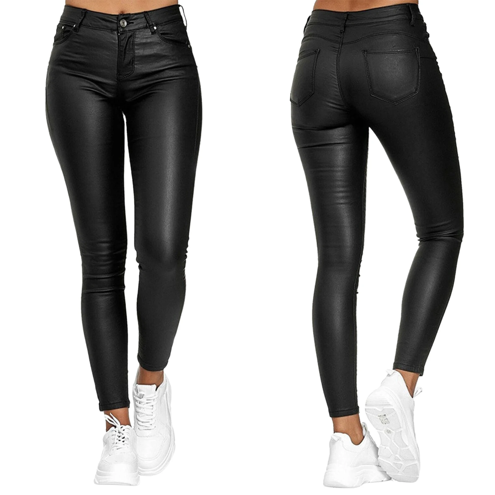 Edhomenn Women Solid PU Leather Leggings Slim Fit High Waist Leather Trousers with Pockets