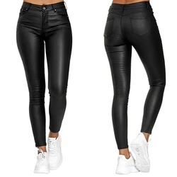 Edhomenn-Leggings femininas de couro PU de cintura alta com bolsos, calças slim fit, monocromáticas