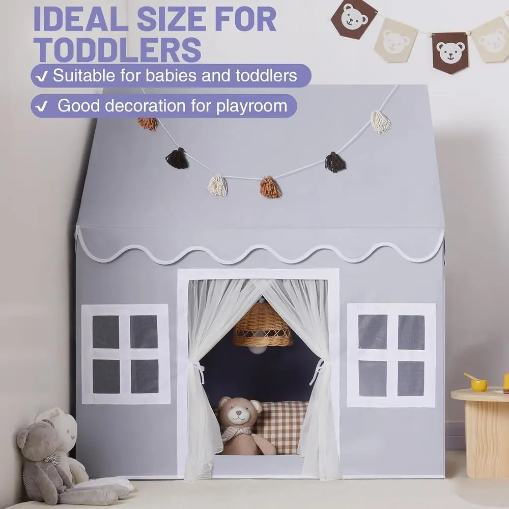 Kids Play Tent Indoor: Mat, Tassel Garland, Star Lights - Gray Girl Tent Playhouse for Toddlers Kids Toys for Boy Girl Birthday