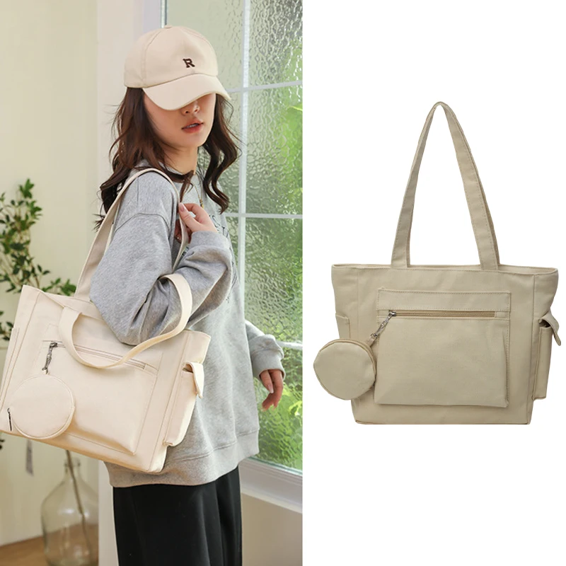 حقيبة حمل قماشية ذات سعة كبيرة للعمل والتنقل على طراز الكلية وحقيبة كتف للكتب مع محفظة مستديرة #1