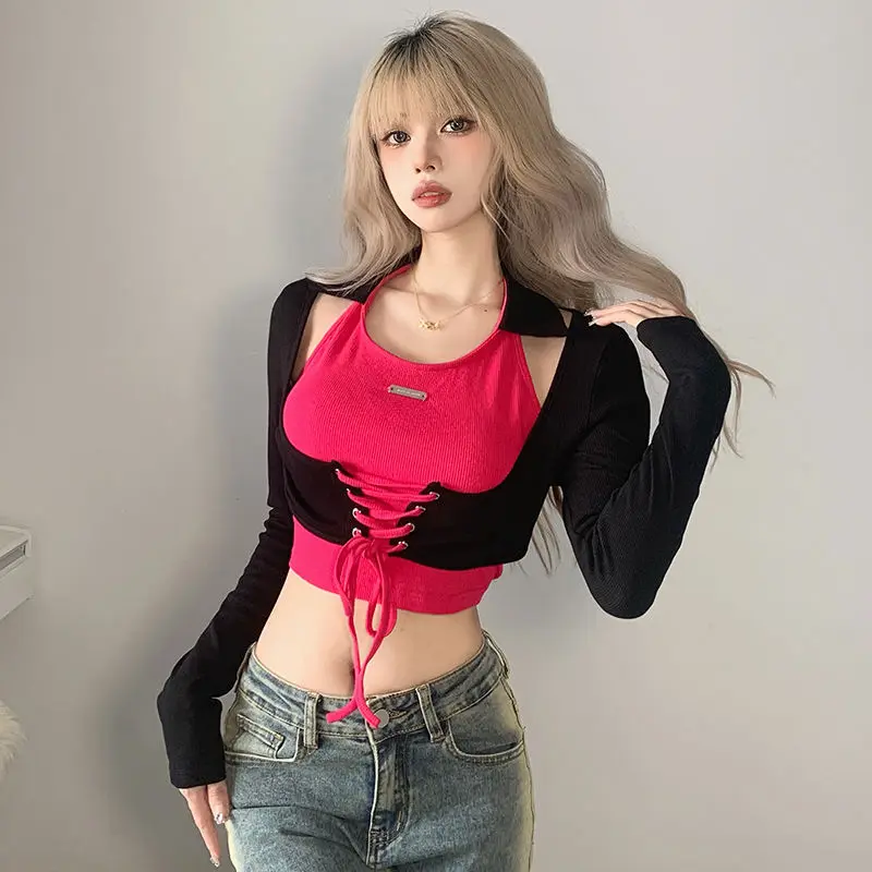 

New Fake Two Piece Patchwork Bandage T-shirt Women Fashion Design Sense Long Sleeve Hollow Out Y2K Cropped Tops