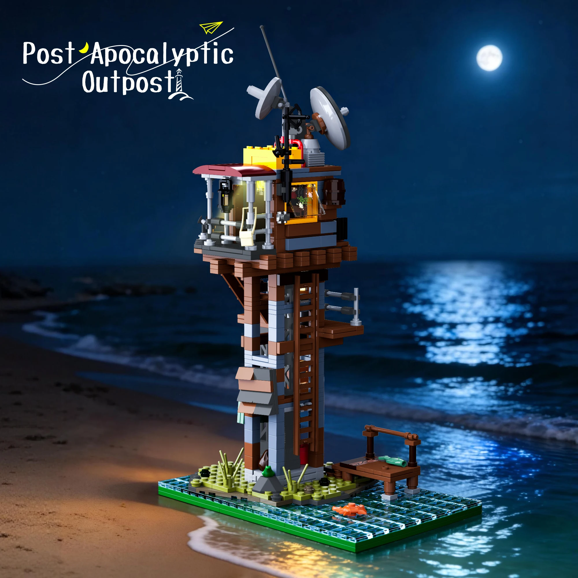 

Post-Apocalyptic Outpost Watchtower Building Blocks Survival Base With Lighting Radio Antenna Pier Water Scene MOC Model Gift