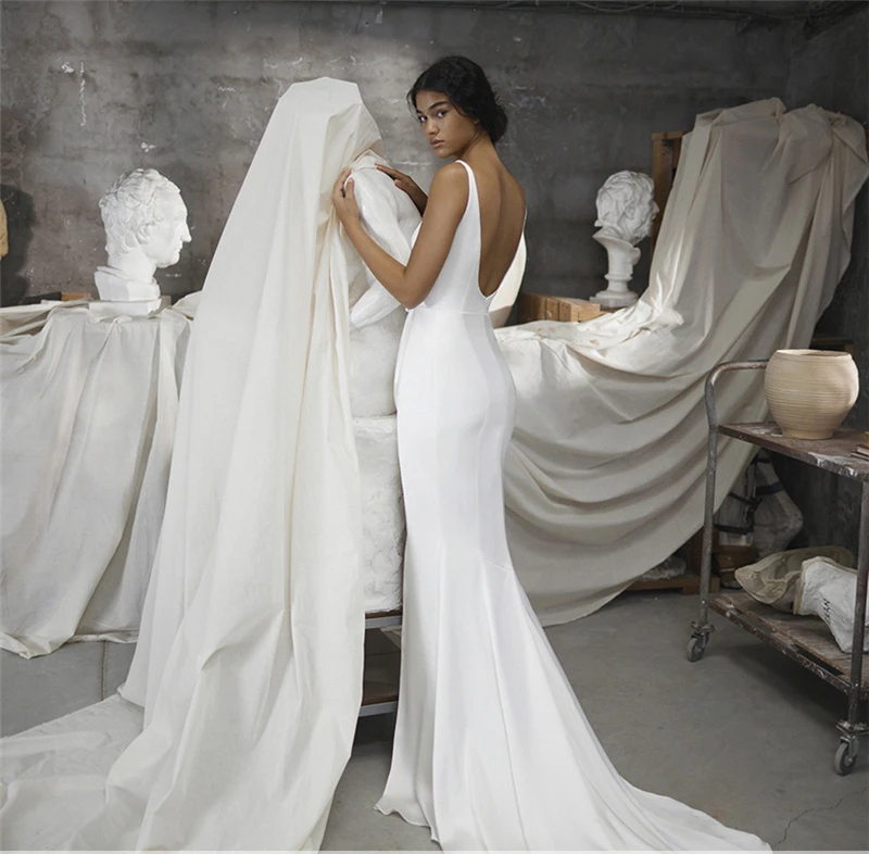 2025 vestido De novia De sirena Simple con abertura lateral para mujer, Vestidos De novia De satén suave con perlas, Vestidos De novia, bata De novia