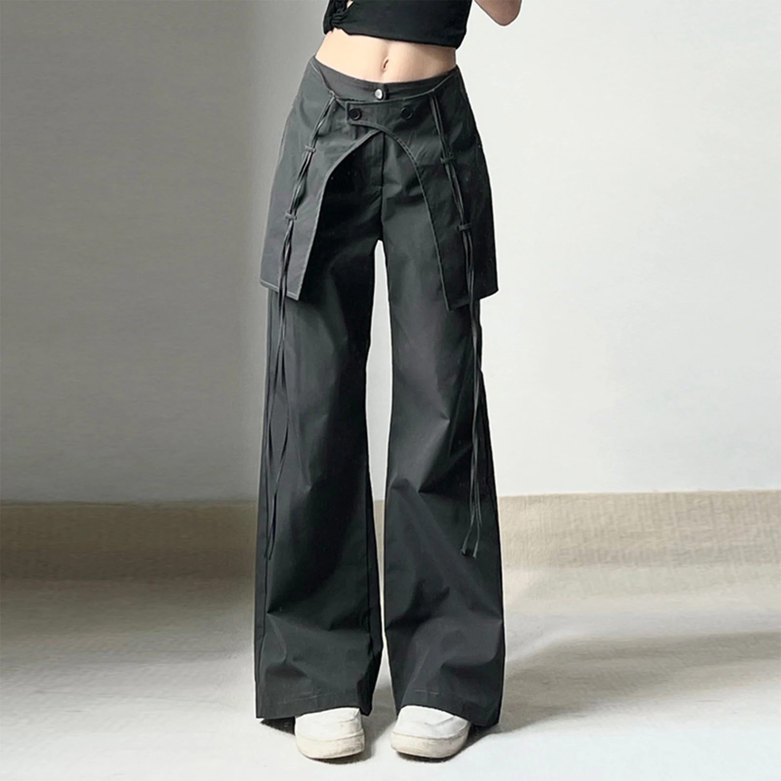 Y2K Long Pants Mid Waist Women Loose Cargo Pant Comfortable Black Solid Color Vintage Relaxed Fit Drawstring with Large Pockets