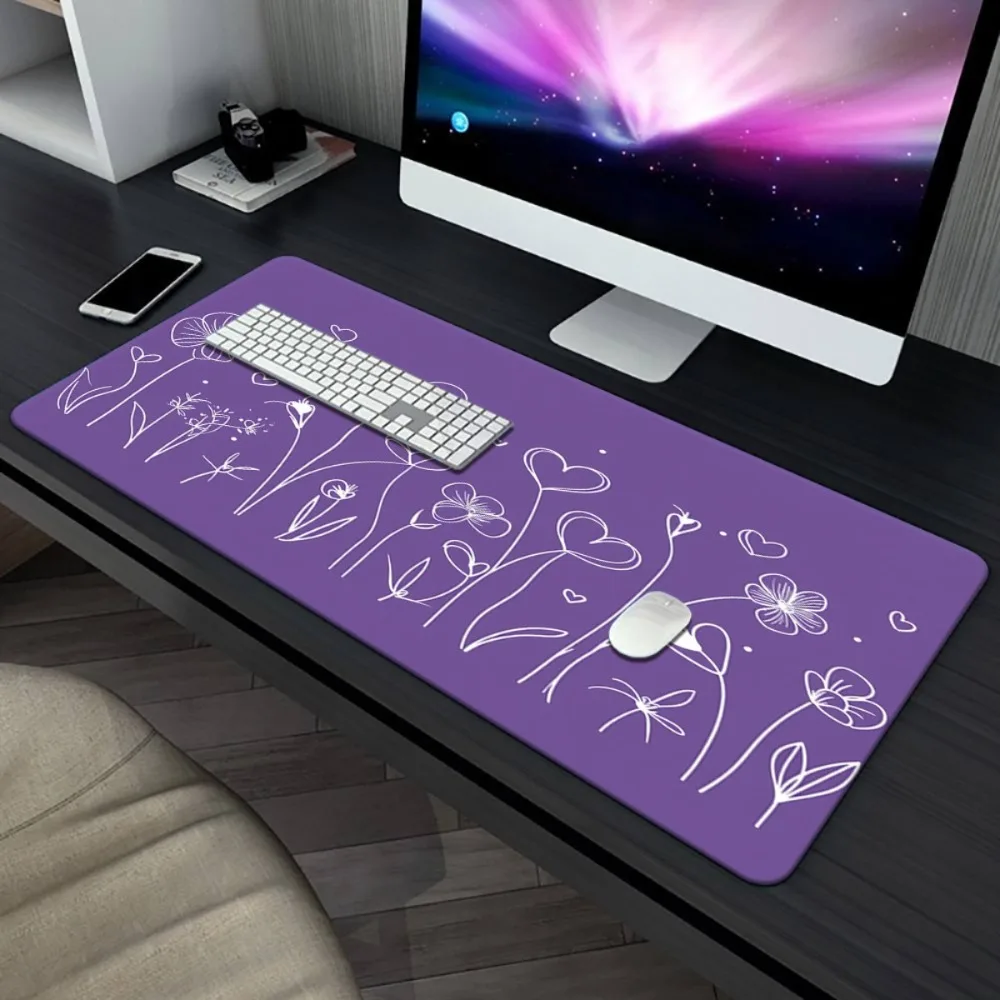 Gaming Mouse Pad XXL Purple Flower Heart Desk Mat Natural Rubber Non Slip
