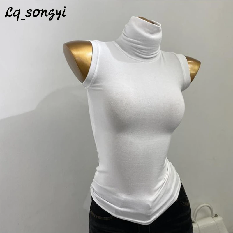 

Lq_songyi Sleeveless Tight Tanks Top Women Solid Slim See-through T Shirts White Black Tanks Sexy 2024 New Summer Turtleneck Top