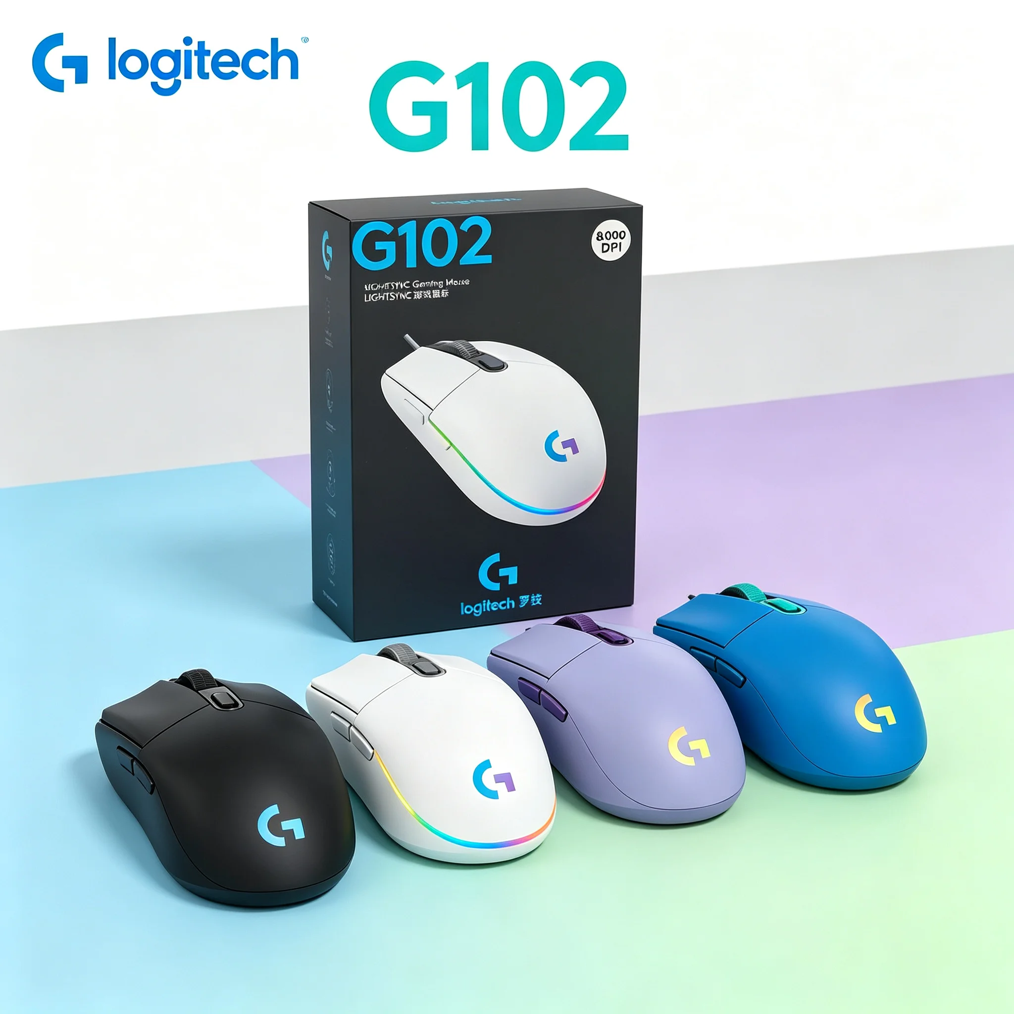 Logitech G102 Wired Gaming Mouse RGB Color Cycling Light‑Weight Ergonomic Shell Optical Sensor Mice For Laptop Desktop