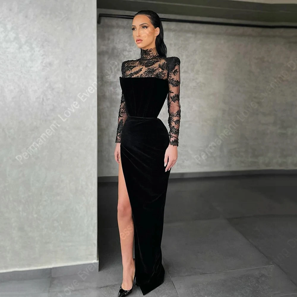 

Elegant Black Formal Women Evening Dresses Classic Modern High Collar Prom Gowns Lace Long Sleeves Vestidos De Noches Customized