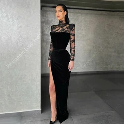 Elegant Black Formal Women Evening Dresses Classic Modern High Collar Prom Gowns Lace Long Sleeves Vestidos De Noches Customized