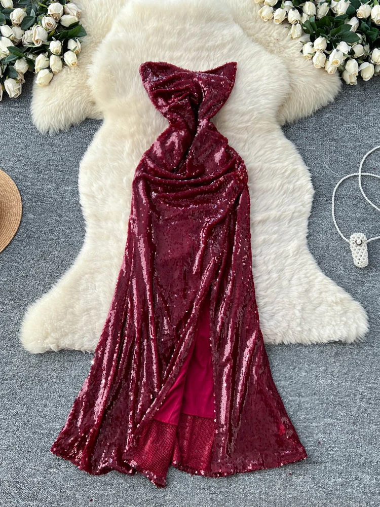 

Sexy High-End Sequin Bodycon Dr Women's New 2025 Ele Heavy Work Evening Gown Long Split Skirt Polyester Fiber Summer