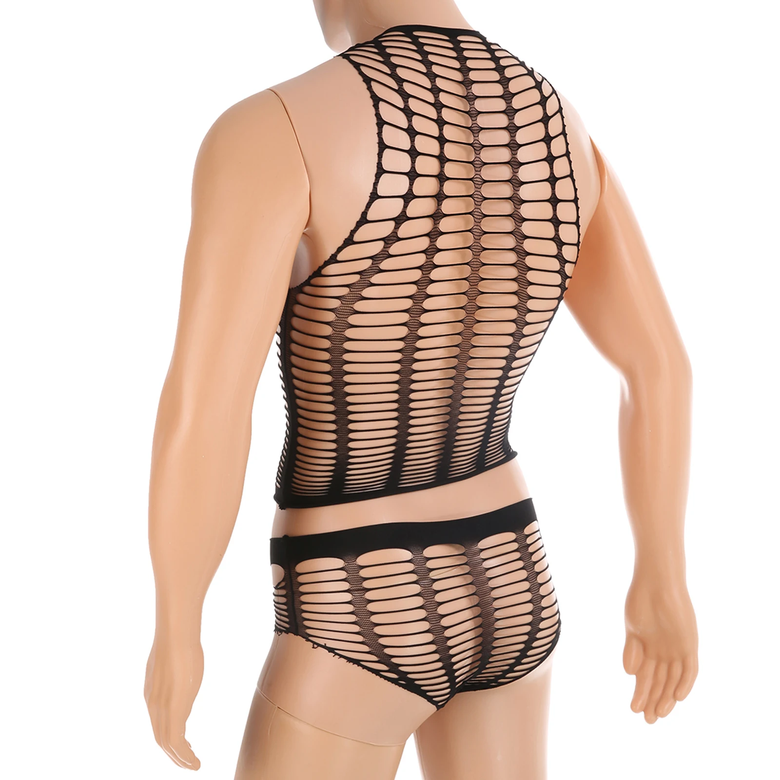 CLEVER-MENMODE Fetish Lingerie Men Sexy Brazilian Briefs Singlet Mesh Underwear Set Fishnet Crops Tops Erotic Hollow Nightwear