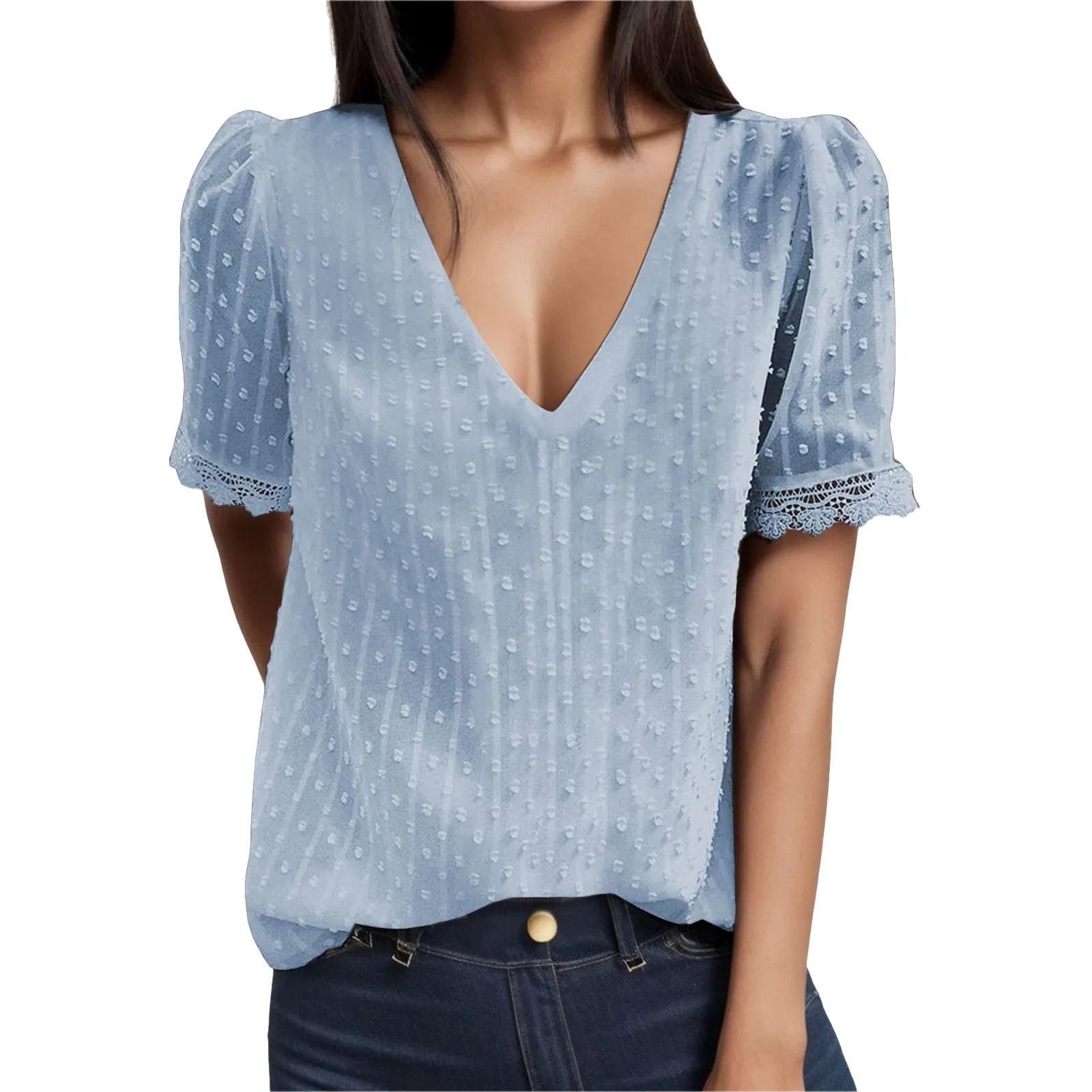 

Summer Women's Shirt Tops Fashion Lace Splicing Short Sleeve Tops Shirt Solid Colour Elegant V Neck Commuter Shirt Blouse