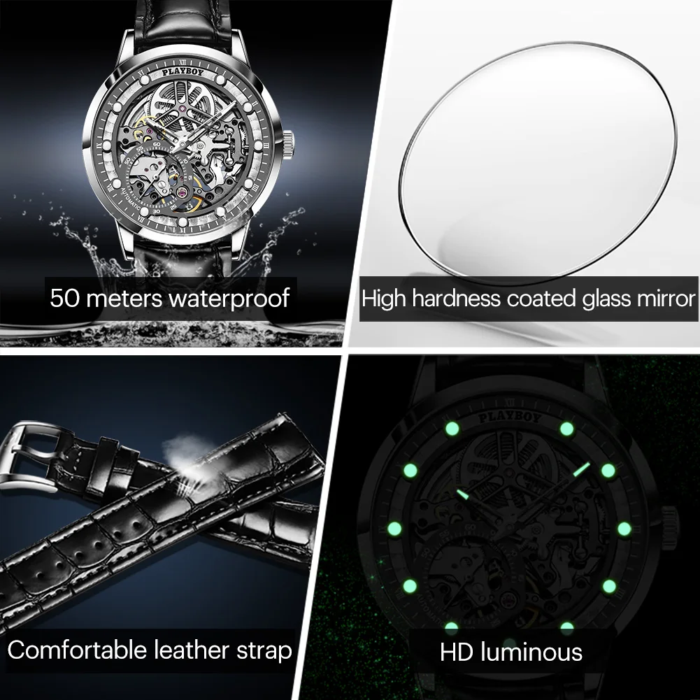 PLAYBOY High Quality Luxury Automatic Mechanical Man Watch Fashion Trend Design Wrist Watch Men Original Waterproof Mens Watch