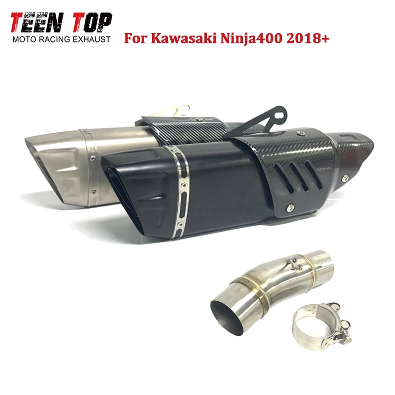 

Мотоциклетный глушитель без шнуровки для Kawasaki Ninja400 Ninja 400, средняя труба 2018 + выхлопная труба из нержавеющей стали, локоть для побега