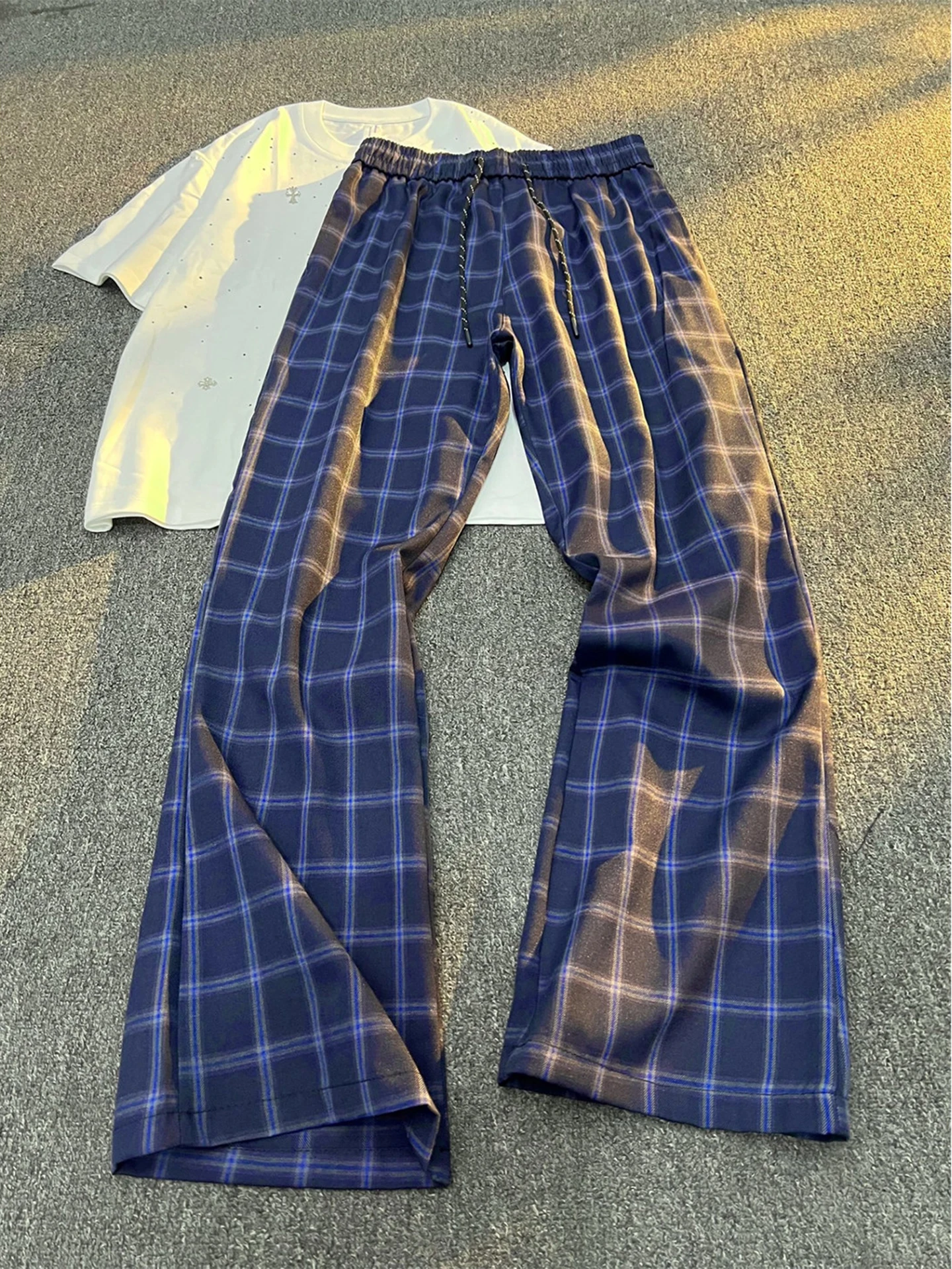 Deep Blue Men's Summer Thin Straight Leg Ice Silk Casual Pants Knife  Pattern High Street CleanFit Casual Trousers
