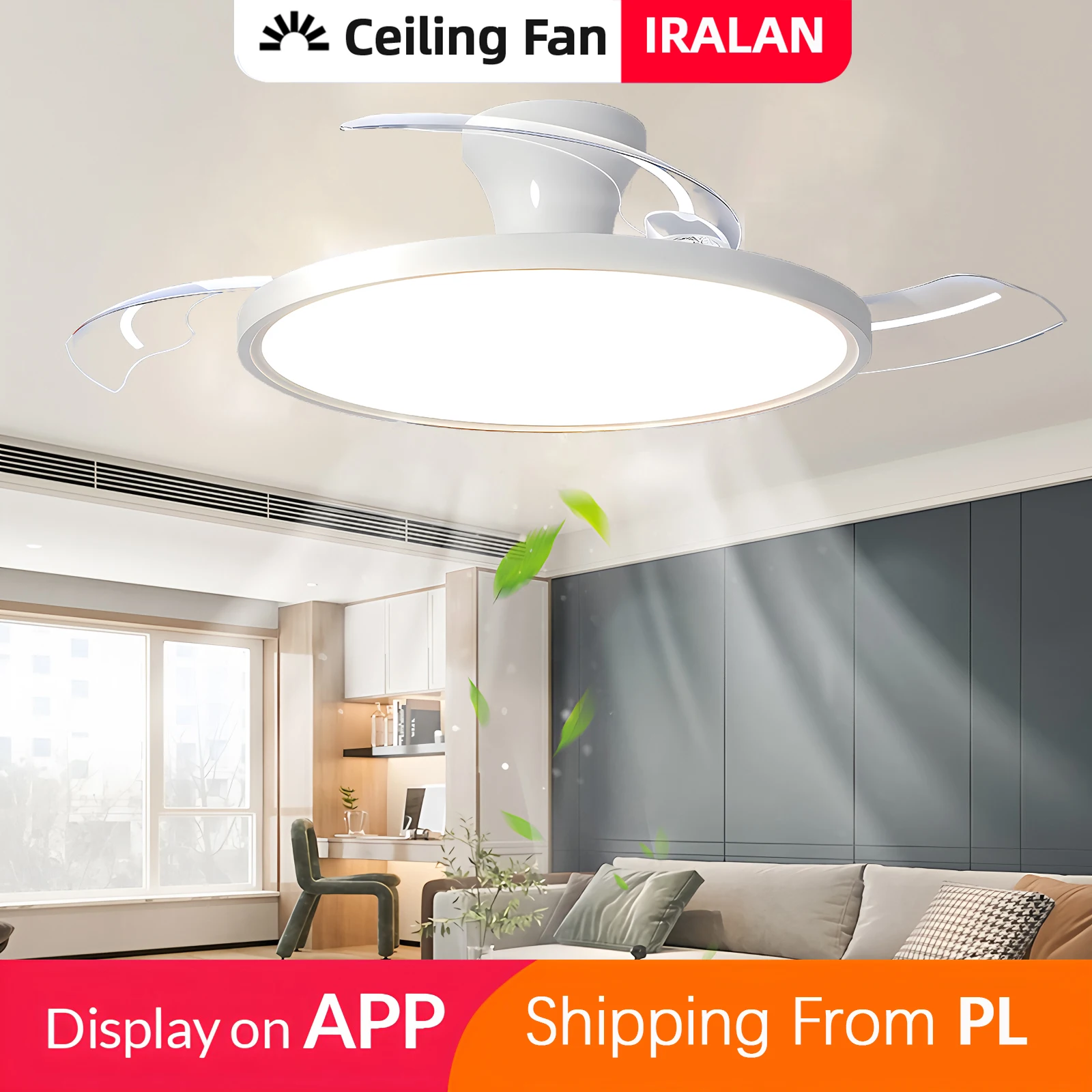 IRALAN Ventilatore da soffitto a lama invisibile retrattile per uso domestico, telecomando variabile a 3 colori per soggiorno, camera da letto, foyer