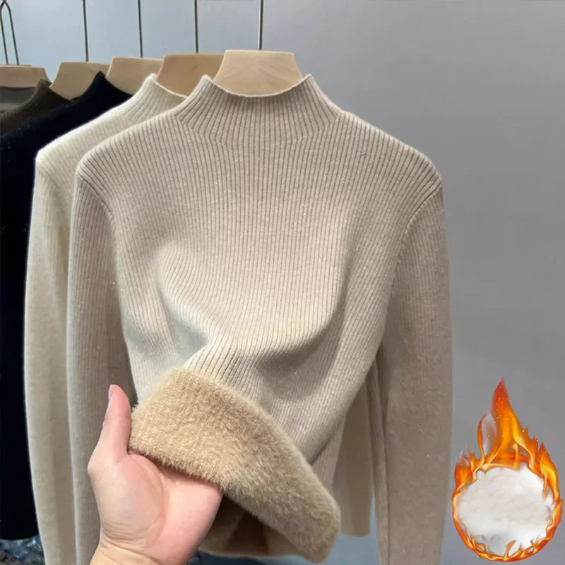 

2024 Autumn Winter Women Mock Neck bottoming Sweater Thicken Fleece Warm Thermal Pullover For Women solid soft Cashmere Sweaters