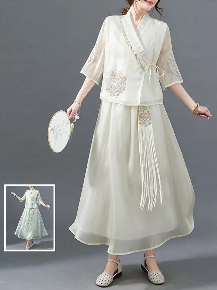 

Chinese Sle Embroidery Zen Shoelace Tea Clothing Top Women's Loose Slim Looking Organza V Neck Oblique Placket Vintage JJ29