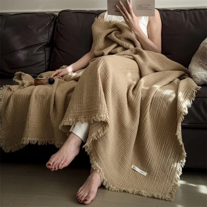 Class A knitted fringed blanket pure cotton six-layer gauze 100 cotton shawl blanket retro sofa nap blanket